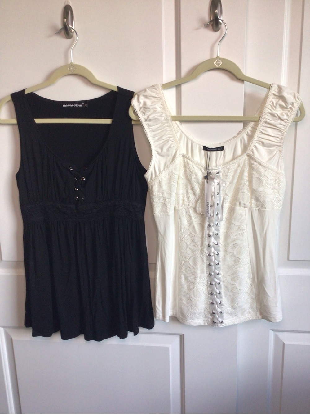 BLACK and WHITE Lace-Up Scoop Neck Women's Tops by Unknown Brand